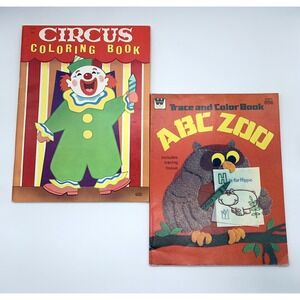 Lot of 2 1970s Vintage Coloring Books: Trace & Color ABC Zoo, Unused Circus